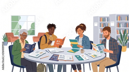 Diverse group of people reading books and political manifestos at a library table