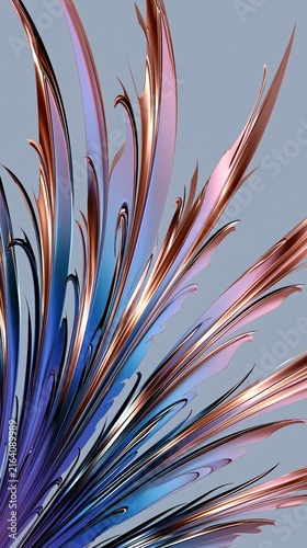 Abstract metallic ribbon blade fan background with blue purple copper radial gradient backdrop vertical banner layout composition copy space