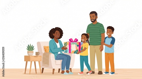 Happy family giving a gift box to mother at home for a special celebration event.