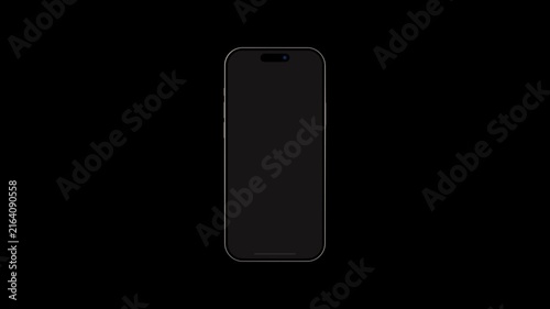 Frontal phone render sits centered in pitch black environment. Dark phone display remains blank for custom interface integration. Modern mobile device demonstrates pristine styling.