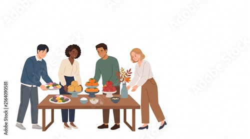 Diverse group of young adults arranging food on a table for a social gathering event.