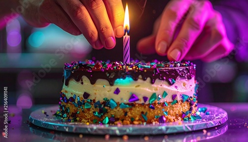 Birthday cake with a lit candle and colorful sprinkles as hands
