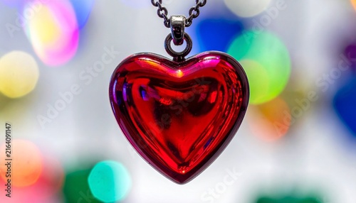 Red heart pendant necklace with colorful bokeh lights for Valentine’s