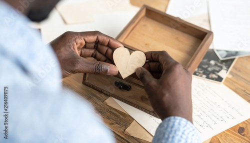 Black man holding a wooden heart beside a love letter and keepsake