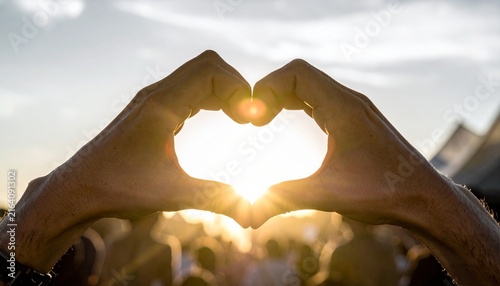 Heart-shaped hands framing the sunset, a romantic love symbol with