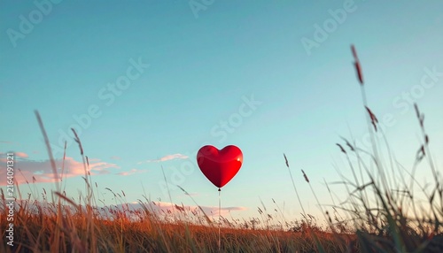 Red heart balloon floating over a grassy field at sunset, a romantic