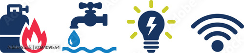 Utilities Icon Set Vector Featuring Gas, Drinking Water, Electricity, Internet, WiFi, Household Services, Energy, Communication, Billing, and Essential Utility Symbols on White Background