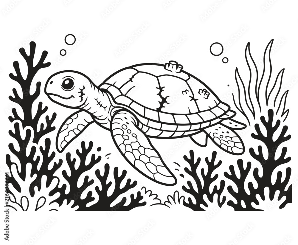 Fototapeta premium Cute sea turtle coloring page for kids with underwater coral reef scene.