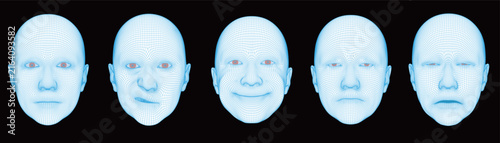 Set of Five 3D Wireframe Human Faces Showing Different Emotions and Expressions, Futuristic Facial Recognition, Biometric Scan, AI Face Mapping and Digital Identity Technology