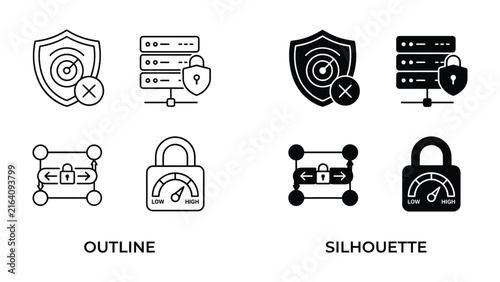 Fotografie Cyber Security Icons: A collection of stylized icons representing cyber security concepts, including a shield with a target, locked server rack, padlock with gauge, and bidirectional arrows