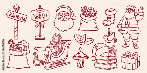 Christmas hand drawn doodle clipart. Whimsical santa, north pole sign, sleigh, gifts, stocking, Christmas books, holly, candy cane. Winter holiday vector illustrations.