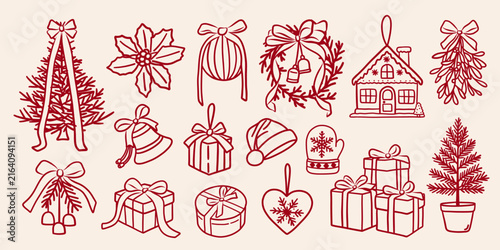 Christmas hand drawn doodle with bows, Christmas tree, gifts, bells, gingerbread house, santa hat, mistletoe and holiday ornaments. Whimsical winter vector illustration