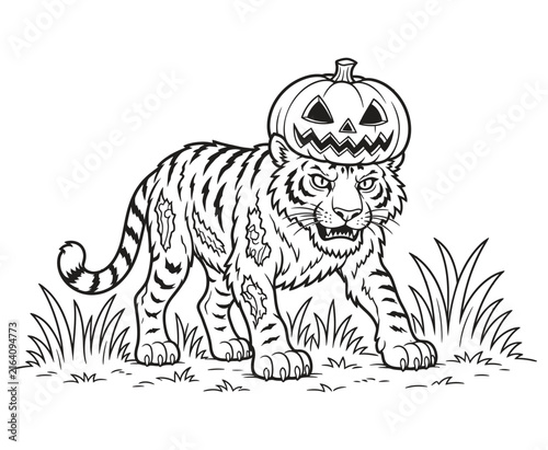 Tiger wearing a jack o lantern pumpkin head for Halloween coloring page.