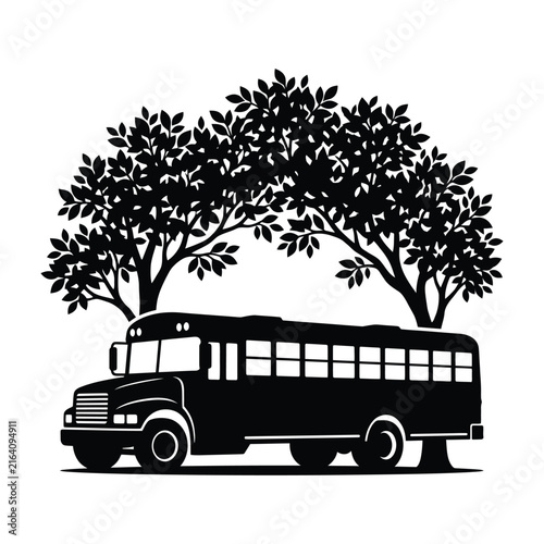 School Bus Driving Under Large Leafy Trees