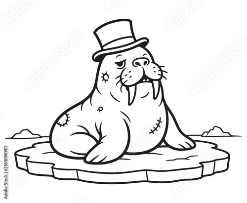 Cute walrus wearing a top hat cartoon coloring page for kids.