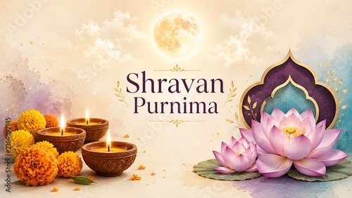Shravan purnima festival background with glowing oil lamps pink lotus flowers and full moon against soft watercolor backdrop for festive celebration banner template