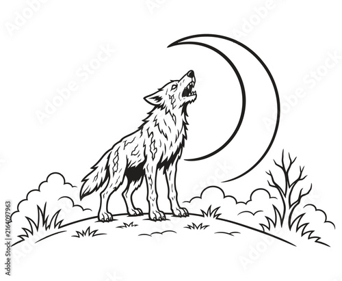 Wolf howling at the moon black and white line art illustration.