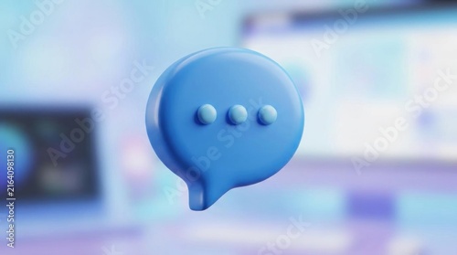 3D blue speech bubble icon on blurred background.