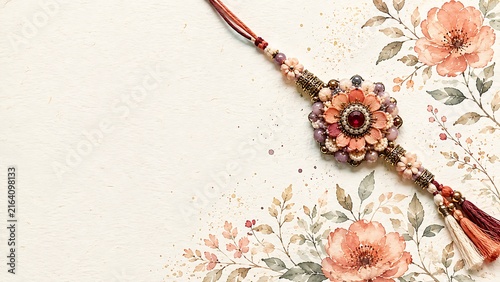 Artistic raksha bandhan background with floral handcrafted rakhi thread placed over elegant watercolor flower illustrations on textured paper background stock photo