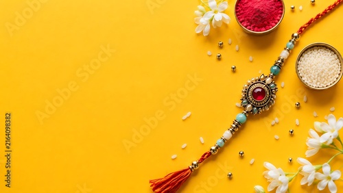 Vibrant raksha bandhan flatlay composition featuring detailed handcrafted rakhi with kumkum rice bowls and jasmine flowers on bright yellow background stock photo