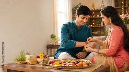 Indian sister ties sacred rakhi on brother wrist celebrating raksha bandhan festival at home with traditional sweets thali gifts joy love togetherness bond
