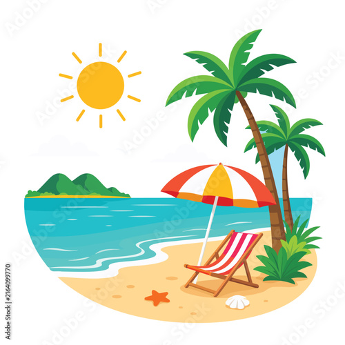 Tropical Beach with Palm Trees, Umbrella and Deck Chair, Summer Vacation Illustration