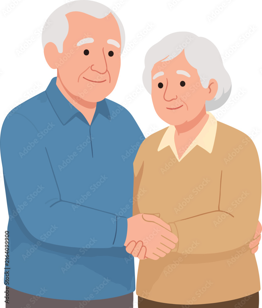 Fototapeta premium Happy senior couple holding hands and hugging elderly family vector illustration