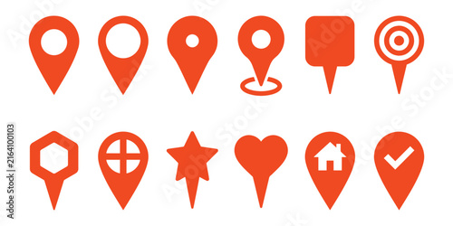 Set of orange map pointer icons, location markers and navigation pins for web design, mobile apps, and digital maps