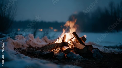 Warm Campfire Burning in Snowy Winter Landscape at Dusk