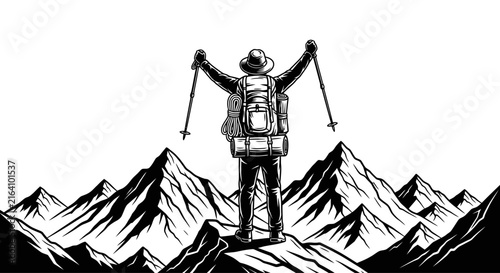 Bild auf Leinwand Hiker Standing on Mountain Peak with Arms Raised
