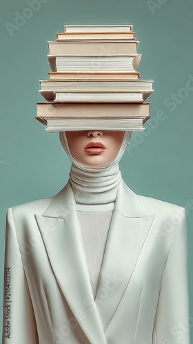 Woman with a stack of books on her head creative portrait