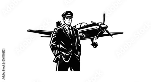 Professional Airline Pilot Standing in Front of Propeller Airplane