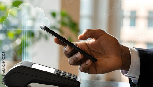 Contactless Mobile Payment via POS Terminal with Cloud Data Syncing Technology Concept