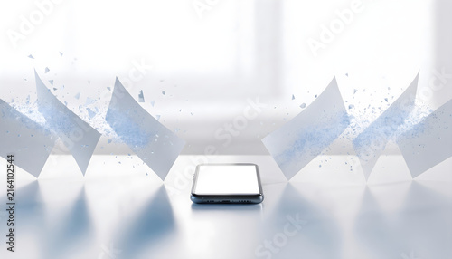 Paperless Digital Transformation Concept with Blank Smartphone and Disintegrating Documents