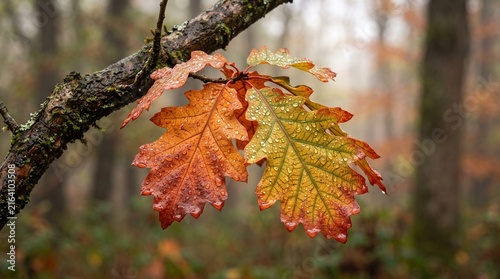 Close-up Macro of Autumn Oak Leaf with Raindrops and Fall Colors.