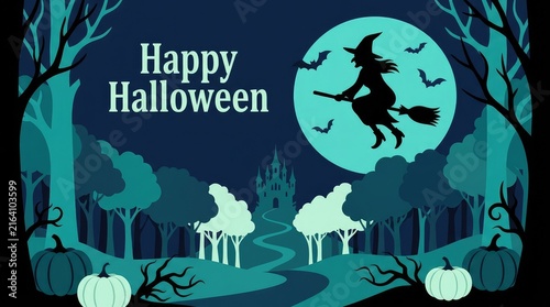 Spooky halloween scene with a witch flying in front of a full moon and ghostly figures
