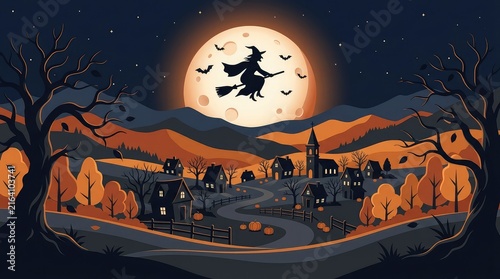 A silhouetted witch flies across a bright full moon over a spooky halloween town at night