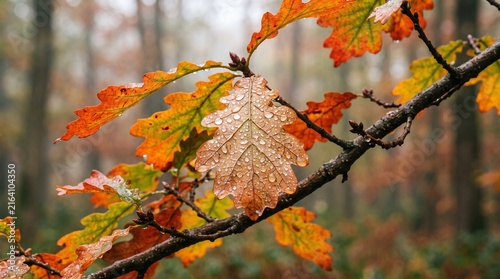 Close-up Macro of Autumn Oak Leaf with Raindrops and Fall Colors.