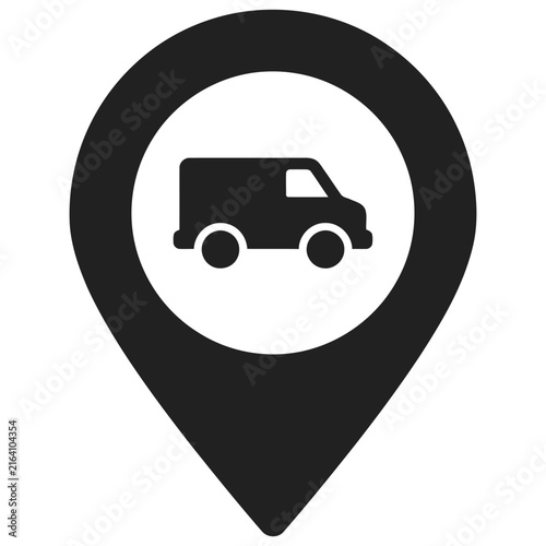 Delivery van inside a map pin location icon for logistics and tracking with delivery location logistic tracking shipping transport position
