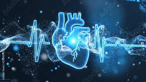 Digital Human Heart Concept with Glowing Electrocardiogram Rhythm Waves and Medical Technology Visualization