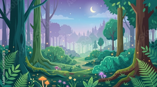 Enchanted forest night scene with glowing moon and magical fairy-tale landscape