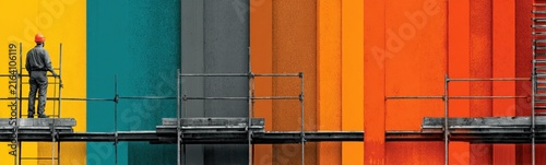 Man standing on a scaffolding platform in front of a colorful wall banner copy space