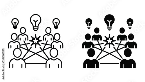 Group brainstorming and idea sharing concept icon set with brainstorming