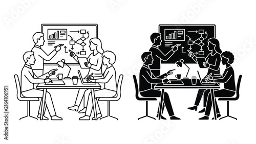 Project team brainstorming meeting with data charts and analytics workflow icons