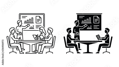 Business presentation and data reporting meeting icon set with charts, business