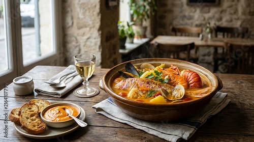 Bouillabaisse seafood dish rests beside toasted bread and a wine glass on a wood table.