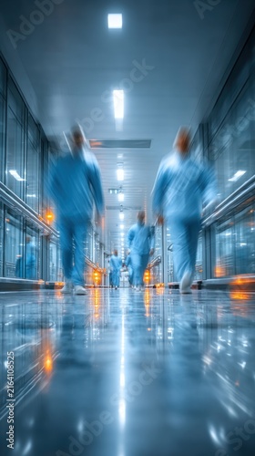 Doctors walking down a hospital hallway with lights on