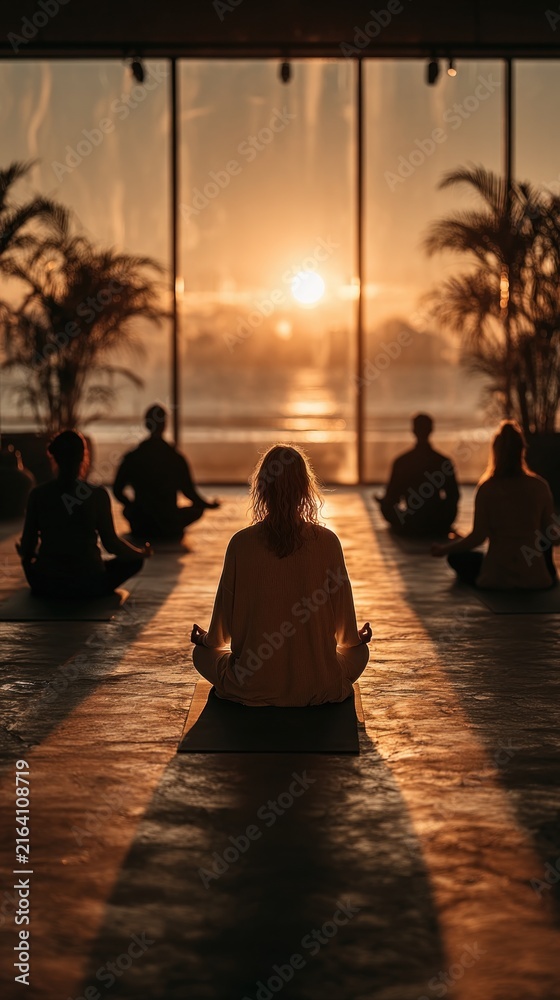 Fototapeta premium People sitting on the floor in a room with a view of the ocean yoga sport background