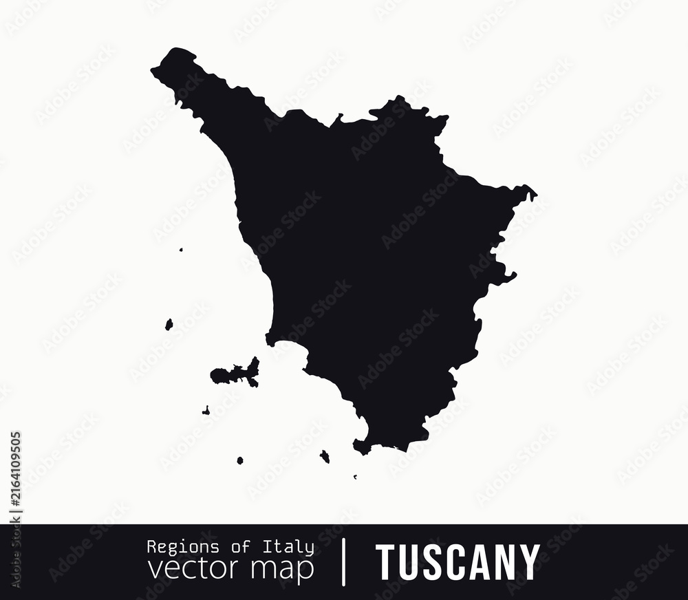 Fototapeta premium Tuscany region of Italy, black silhouette map isolated on white background, vector illustration for travel, geographic and editorial design projects