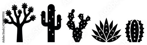 Desert plant icons set. Arid flora and succulent concept. Includes Joshua tree, saguaro cactus, prickly pear, agave, barrel cactus. Solid black silhouette style